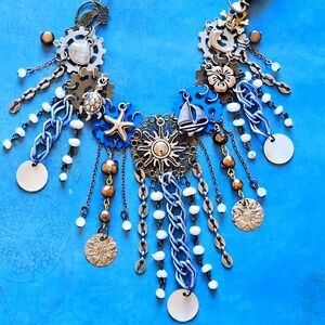 LMG#573 Beach Boho Nautical Pirate Beaded Fringe Statement Necklace